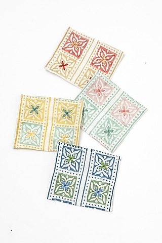 Red Cotton Wood Block Printed Coaster (Set of 4) by Vvyom