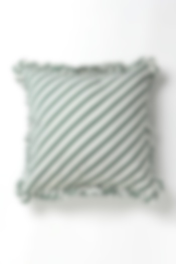 Green Cotton Color Blocked Striped Cushion by Vvyom