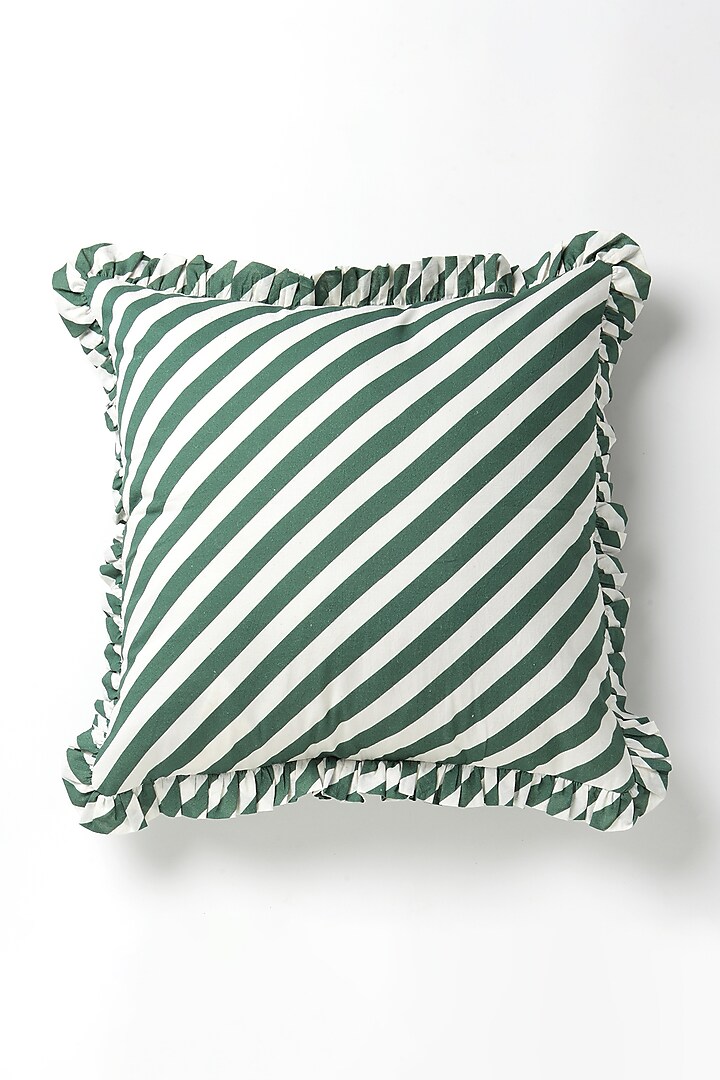 Green Cotton Color Blocked Striped Cushion by Vvyom