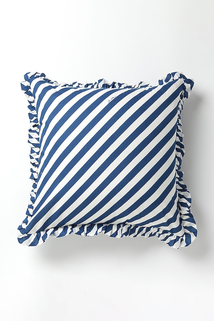 Blue Cotton Color Blocked Striped Cushion by Vvyom
