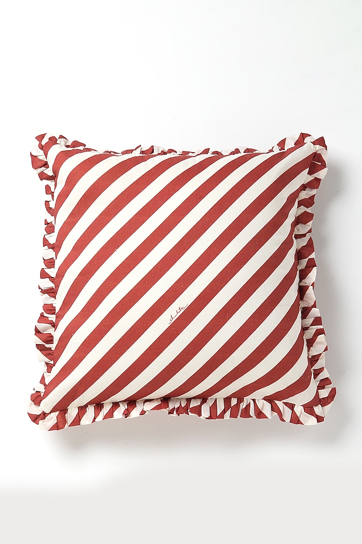 Red Cotton Color Blocked Striped Cushion by Vvyom