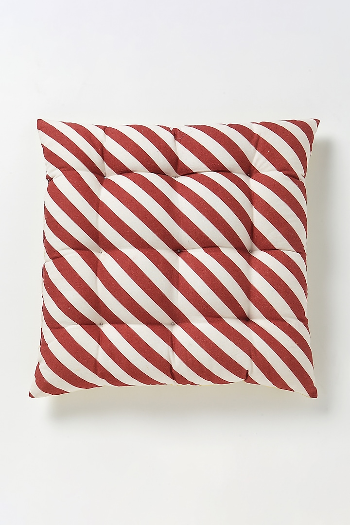 Red Cotton Color Blocked Striped Cushion by Vvyom