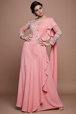 Peach Draped Saree Gown by Vyasa By Urvi