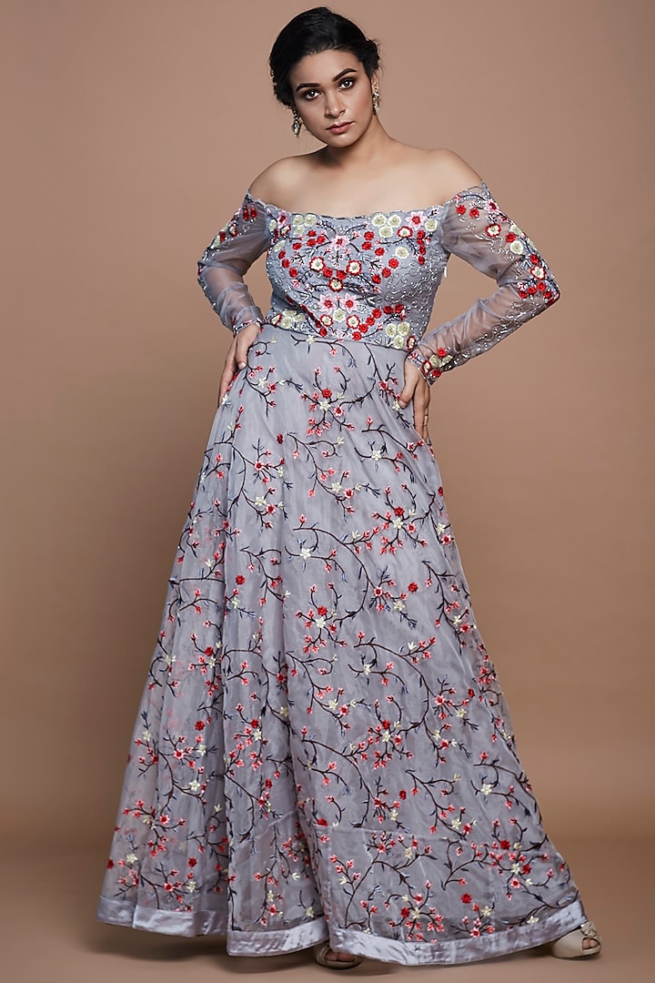 Grey Embroidered Off Shoulder Gown by Vyasa By Urvi