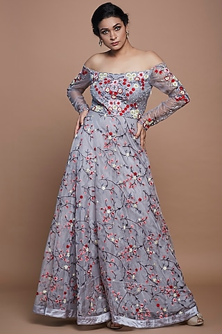 Grey Embroidered Off Shoulder Gown by Vyasa By Urvi