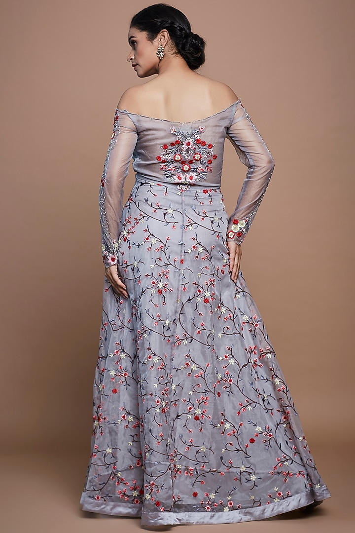 Grey Embroidered Off Shoulder Gown by Vyasa By Urvi at Pernia's Pop Up Shop