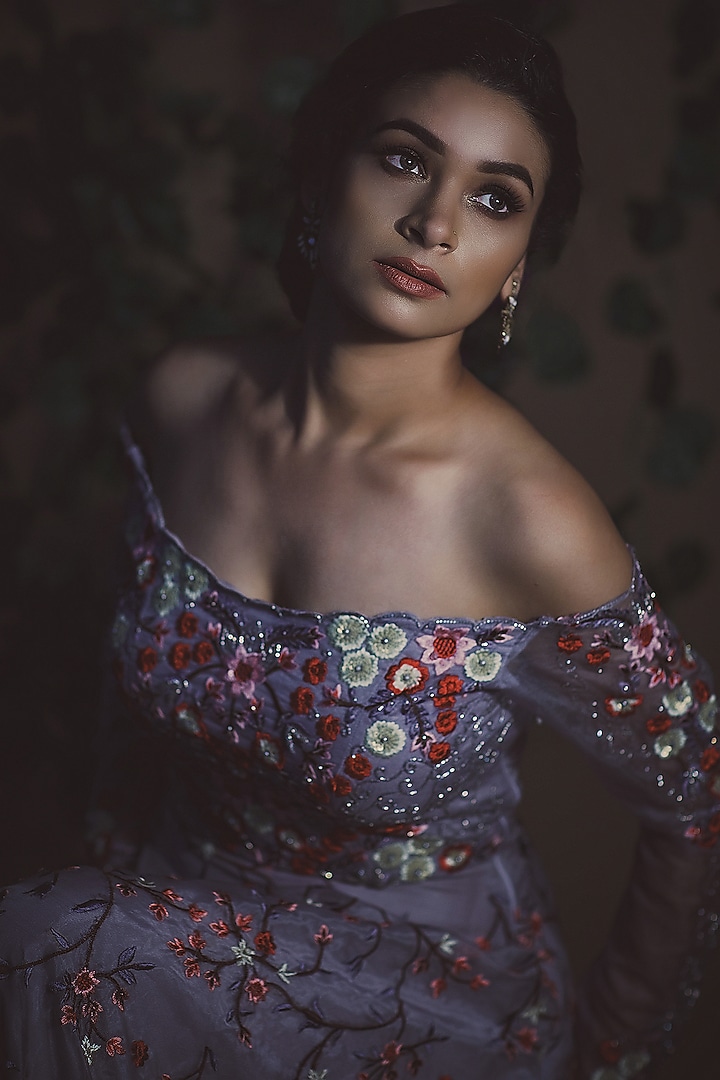 Grey Embroidered Off Shoulder Gown by Vyasa By Urvi at Pernia's Pop Up Shop
