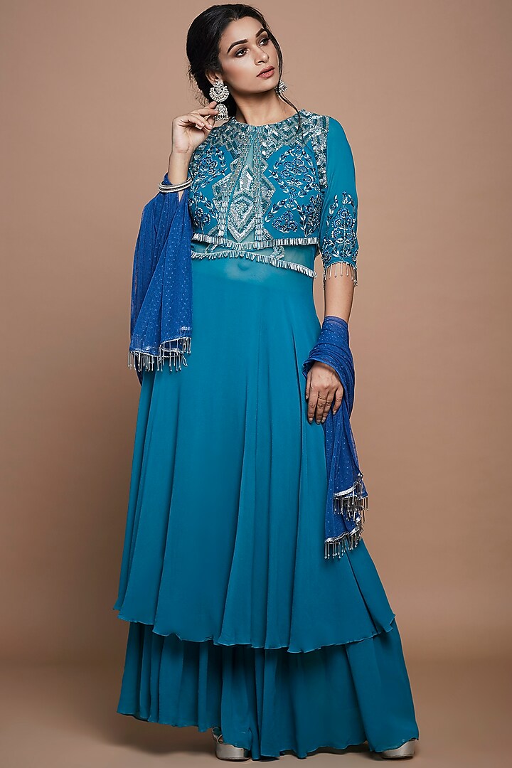 Turquoise Embroidered Sharara Set by Vyasa By Urvi