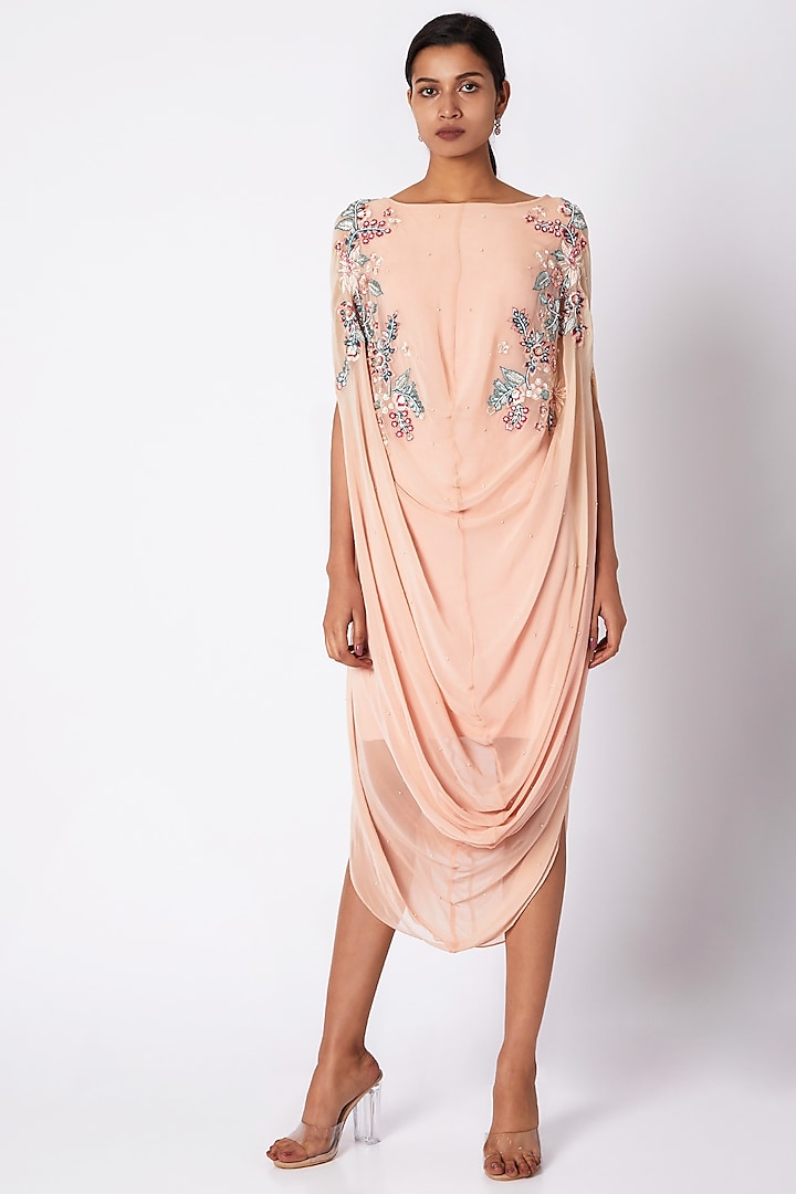 Peach Embroidered Cowl Dress by Vyasa By Urvi