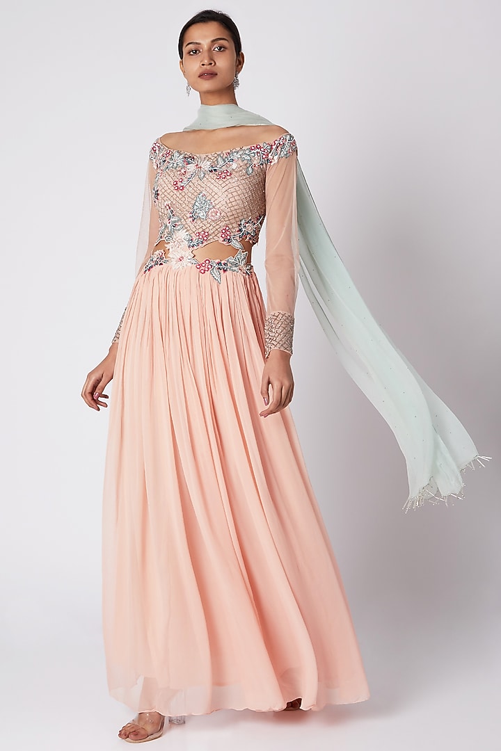 Peach Embroidered Gown With Mint Green Dupatta by Vyasa By Urvi at Pernia's Pop Up Shop