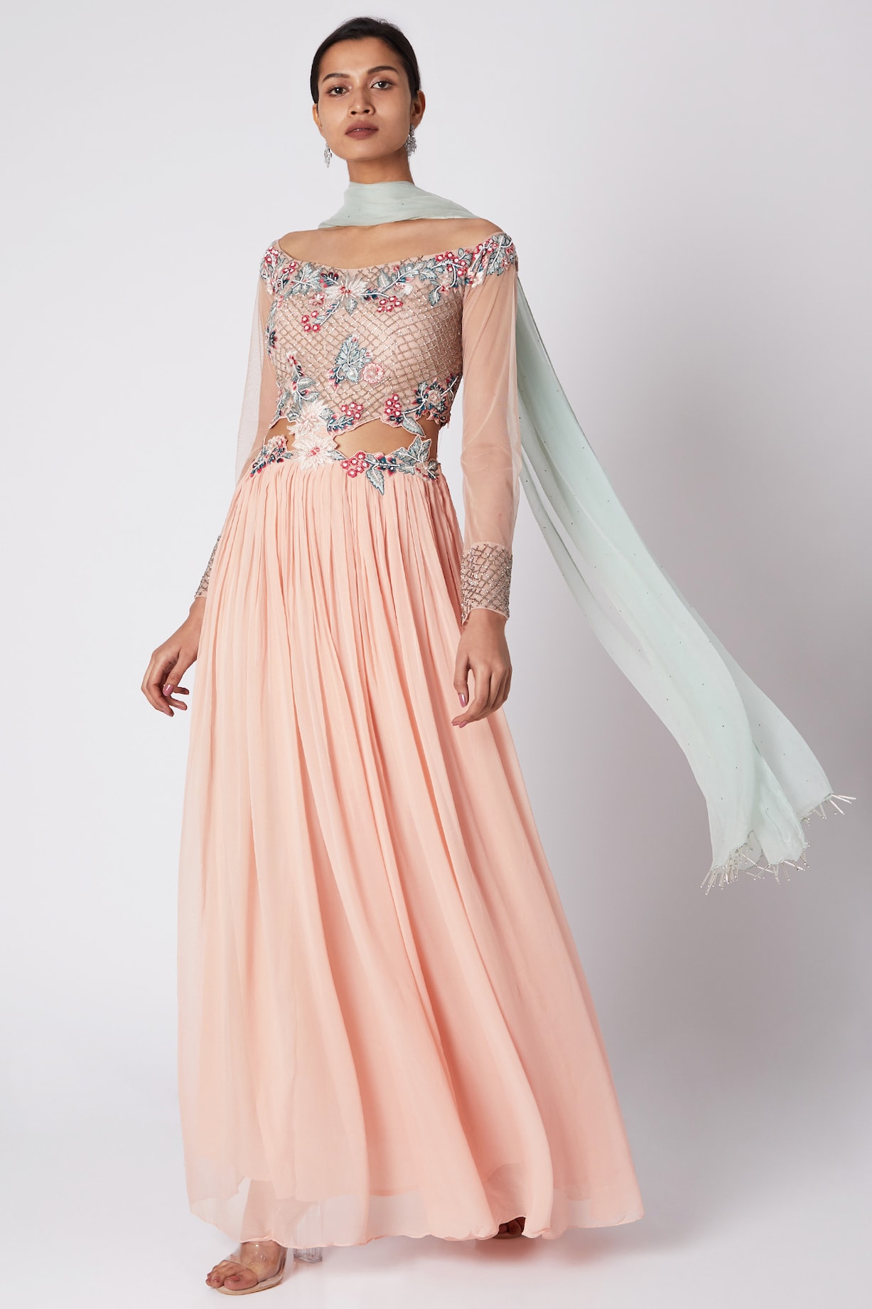 Peach Embroidered Gown With Mint Green Dupatta by Vyasa By Urvi at Pernia's  Pop Up Shop