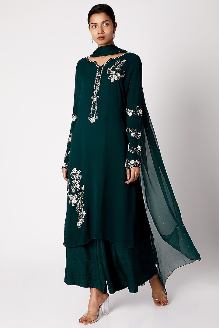 Bottle Green Embroidered Tunic Set by Vyasa By Urvi