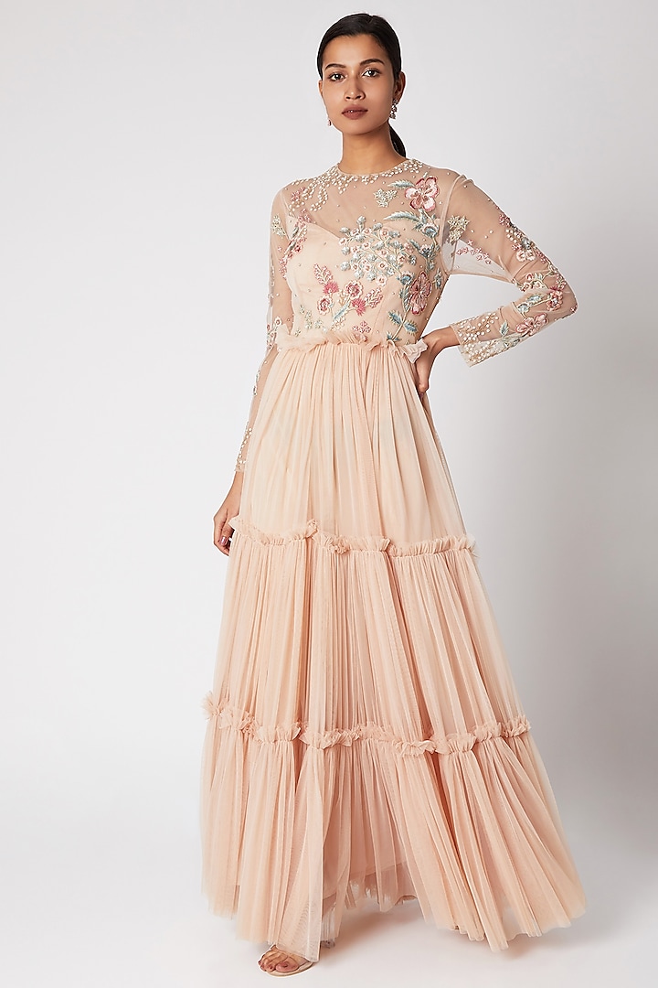 Nude Embroidered Tiered Gown by Vyasa By Urvi