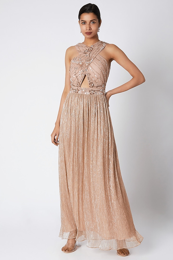 Bronze Embroidered Crossover Maxi Dress by Vyasa By Urvi