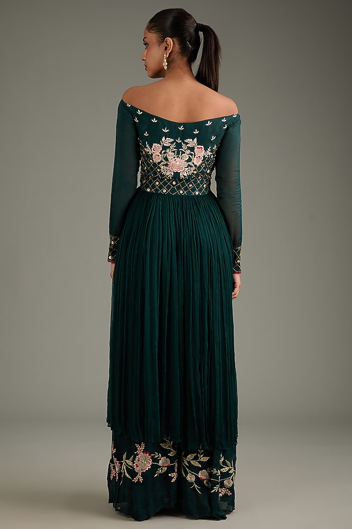 Bottle Green Chinon & Chiffon Embroidered Wedding Sharara Set by Vyasa By Urvi at Pernia's Pop Up Shop