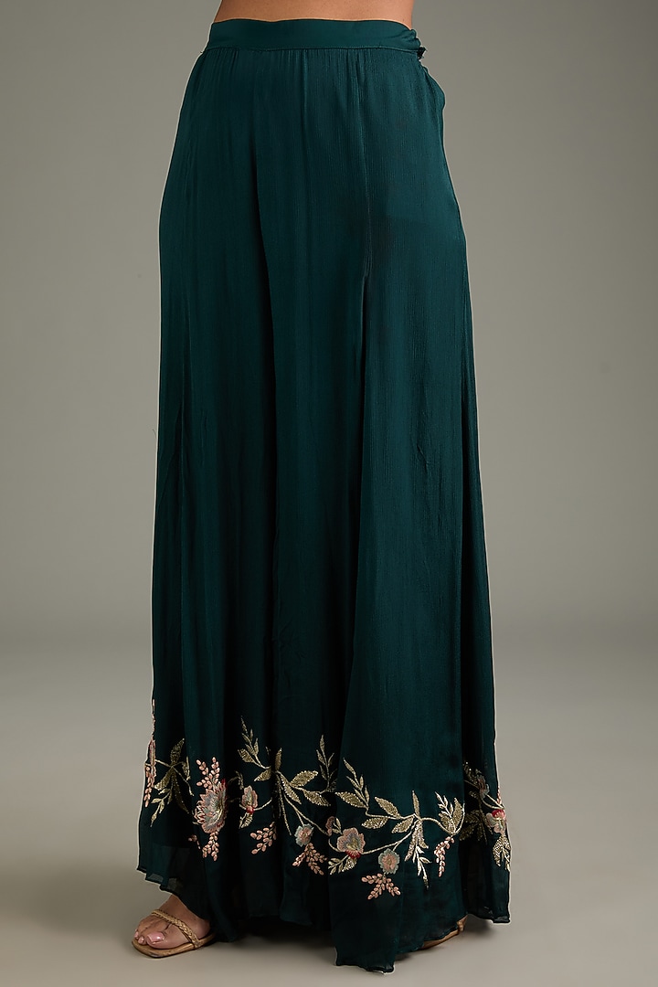 Bottle Green Chinon & Chiffon Embroidered Wedding Sharara Set by Vyasa By Urvi at Pernia's Pop Up Shop