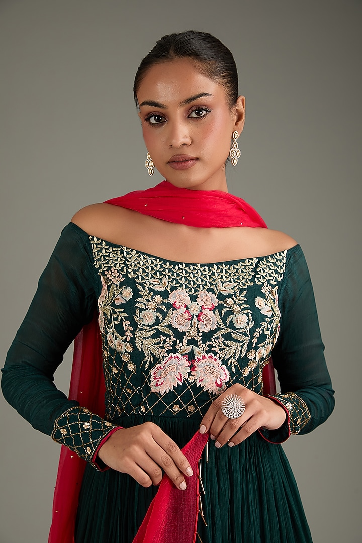 Bottle Green Chinon & Chiffon Embroidered Wedding Sharara Set by Vyasa By Urvi at Pernia's Pop Up Shop