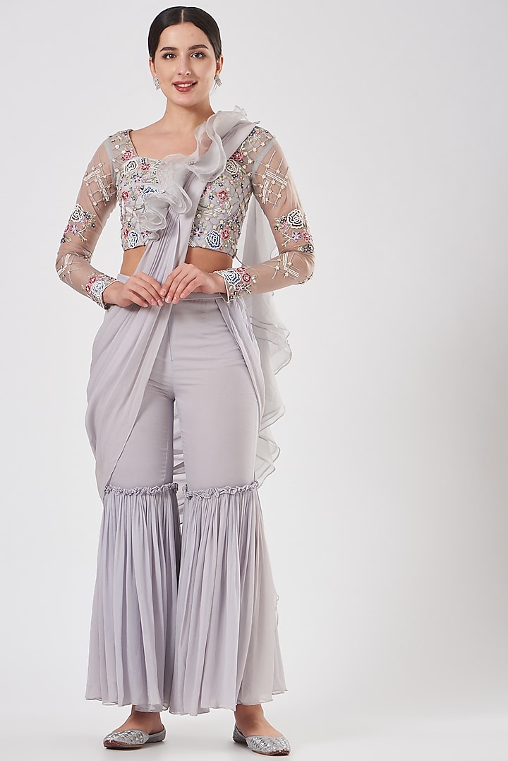 Multi-Colored Organza & Viscose Georgette Pant Draped Saree Set by Vyasa By Urvi