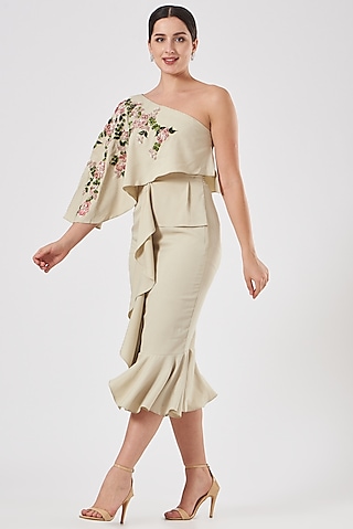 Mint Green Crepe Frilled Midi Dress by Vyasa By Urvi