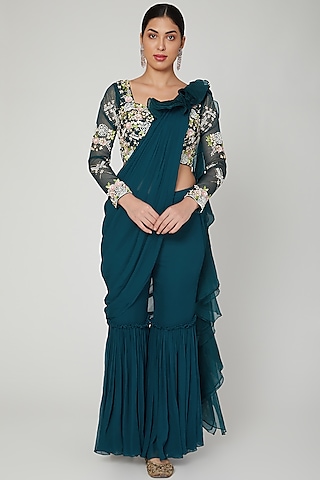 Teal Blue Organza & Viscose Georgette Floral Zardozi Embroidered Draped Pant Saree Set by Vyasa By Urvi
