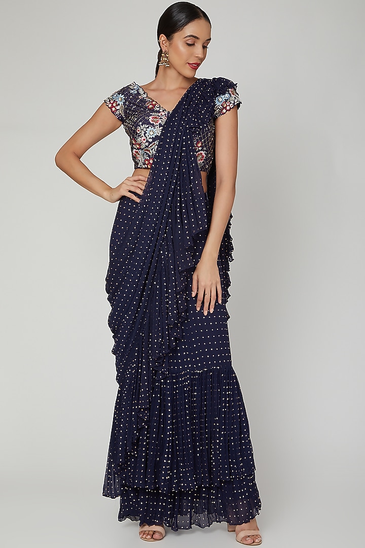 Cobalt Blue Embroidered Draped Wedding Saree Set by Vyasa By Urvi at Pernia's Pop Up Shop