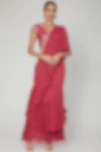 Red Embroidered Draped Saree Set by Vyasa By Urvi