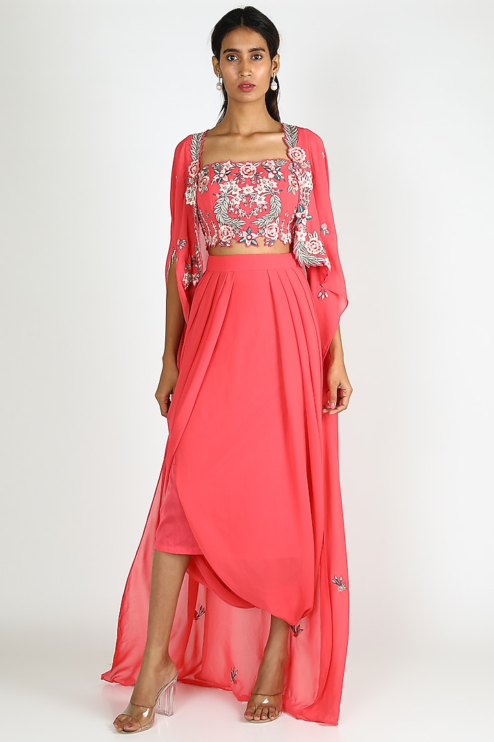 Pink Embroidered Draped Skirt Set by Vyasa By Urvi