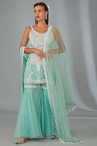 Mint Green Organza Sequins Embroidered Gharara Set by Vyasa By Urvi