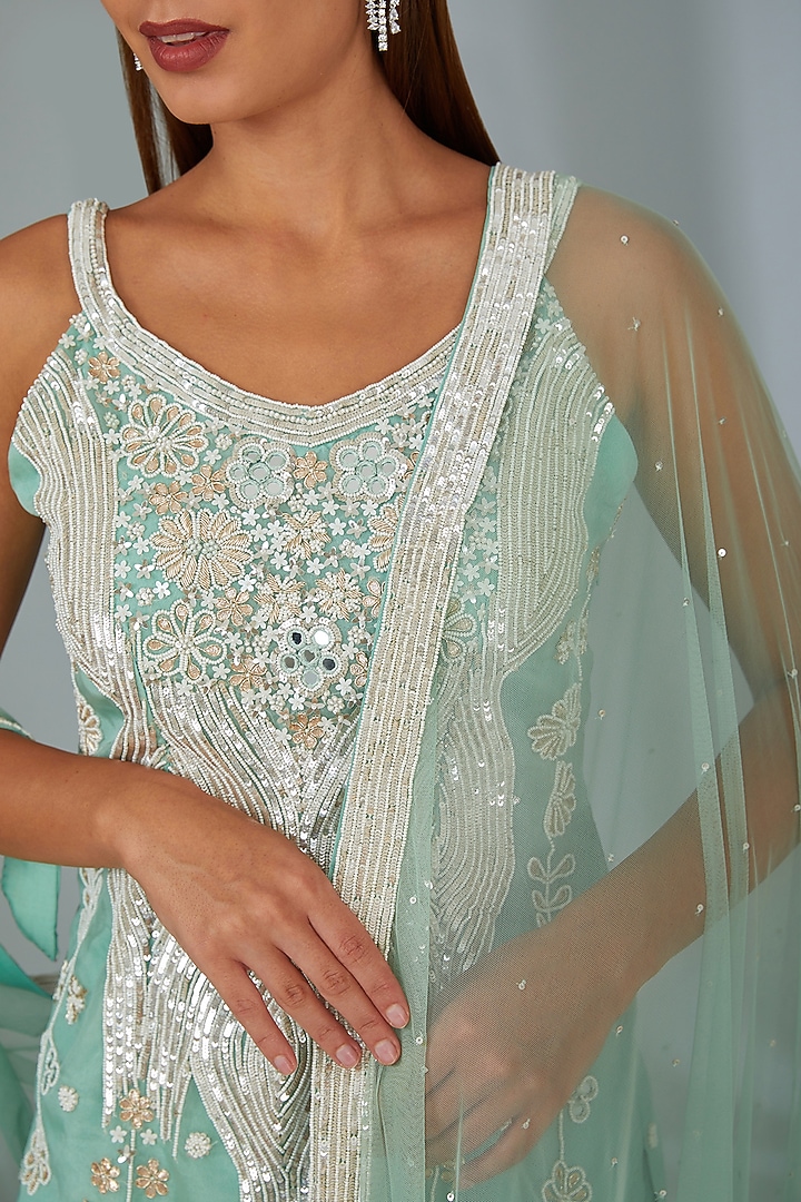 Mint Green Organza Sequins Embroidered Gharara Set by Vyasa By Urvi at Pernia's Pop Up Shop