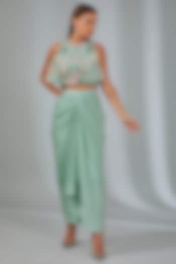 Mint Green Modal Satin Draped Skirt Set by Vyasa By Urvi