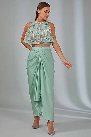 Mint Green Modal Satin Draped Skirt Set by Vyasa By Urvi