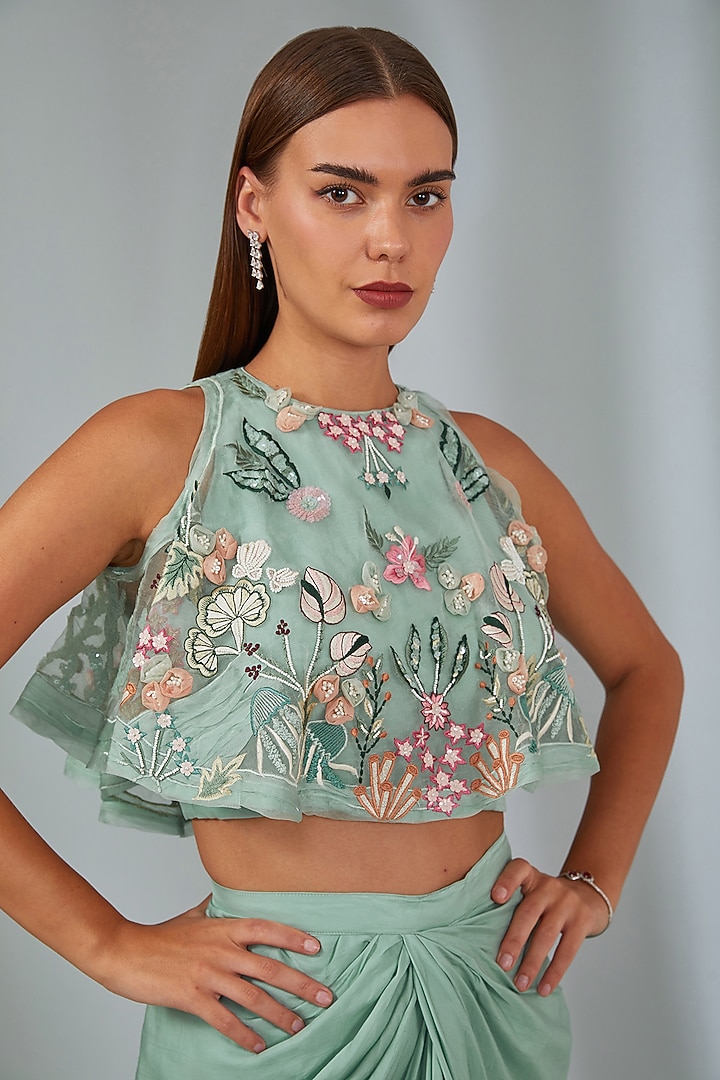 Mint Green Modal Satin Draped Skirt Set by Vyasa By Urvi at Pernia's Pop Up Shop