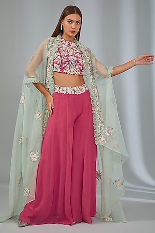 Red Georgette Thread Embroidered Sharara Set by Vyasa By Urvi