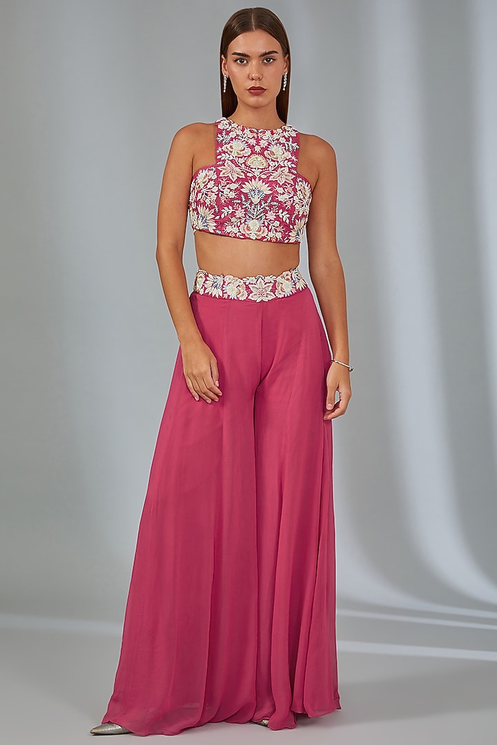 Red Georgette Thread Embroidered Wedding Sharara Set by Vyasa By Urvi at Pernia's Pop Up Shop