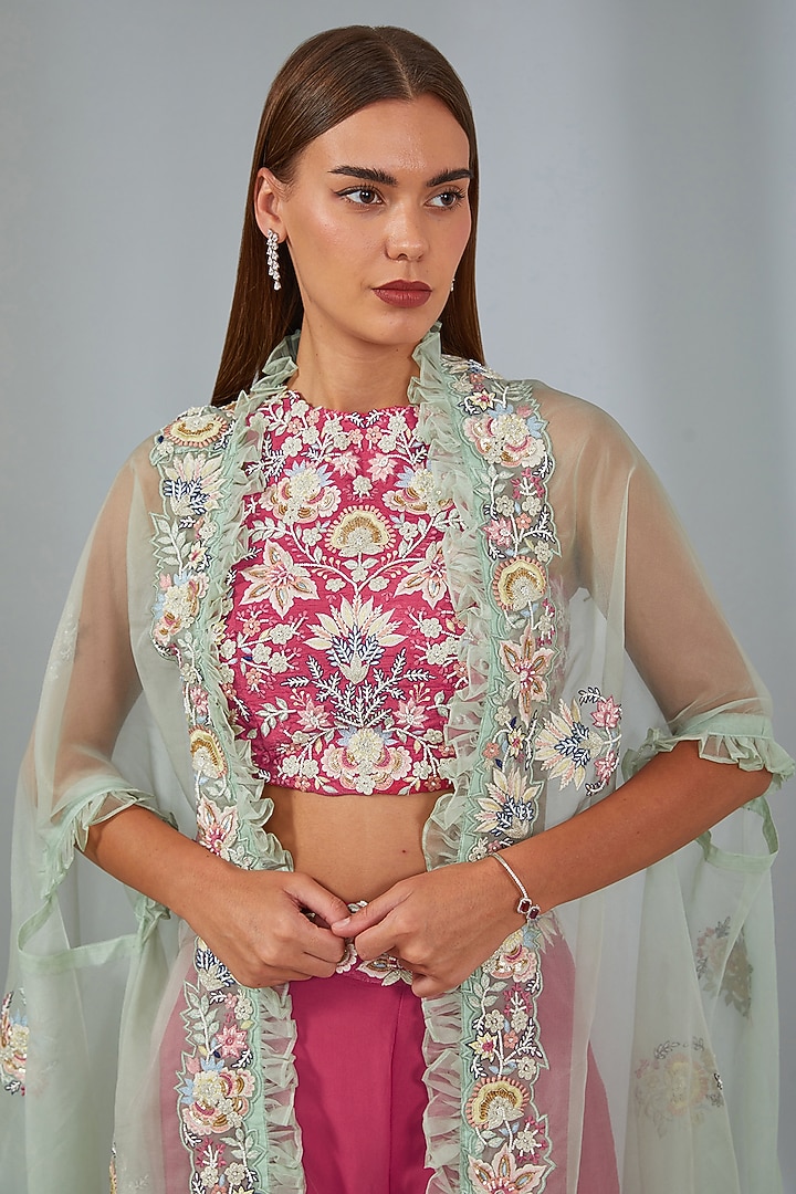 Red Georgette Thread Embroidered Wedding Sharara Set by Vyasa By Urvi at Pernia's Pop Up Shop
