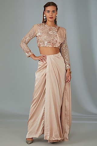 Beige Satin Lycra Draped Skirt Set by Vyasa By Urvi