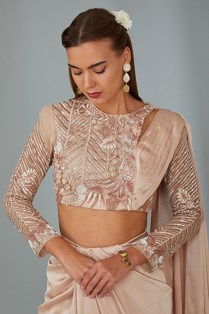 Beige Satin Lycra Draped Skirt Set by Vyasa By Urvi at Pernia's Pop Up Shop