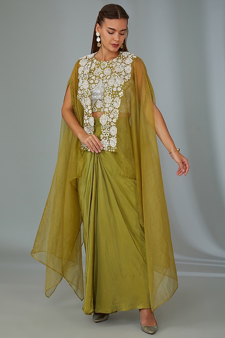 Olive Green Crepe Draped Skirt Set by Vyasa By Urvi