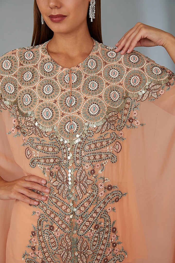 Peach Georgette Thread Hand Embroidered Kaftan Set by Vyasa By Urvi at Pernia's Pop Up Shop