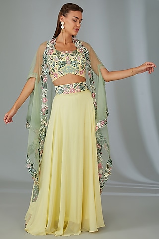 Mint Green Organza Thread Hand Embroidered Cape Set by Vyasa By Urvi