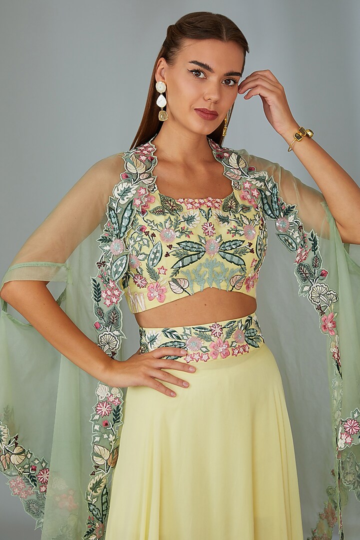 Mint Green Organza Thread Hand Embroidered Cape Set by Vyasa By Urvi at Pernia's Pop Up Shop