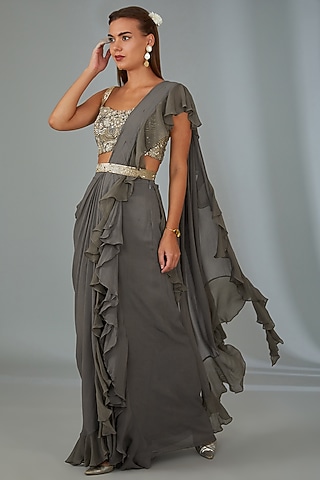 Grey Georgette Pre-Stitched Ruffle Saree Set by Vyasa By Urvi