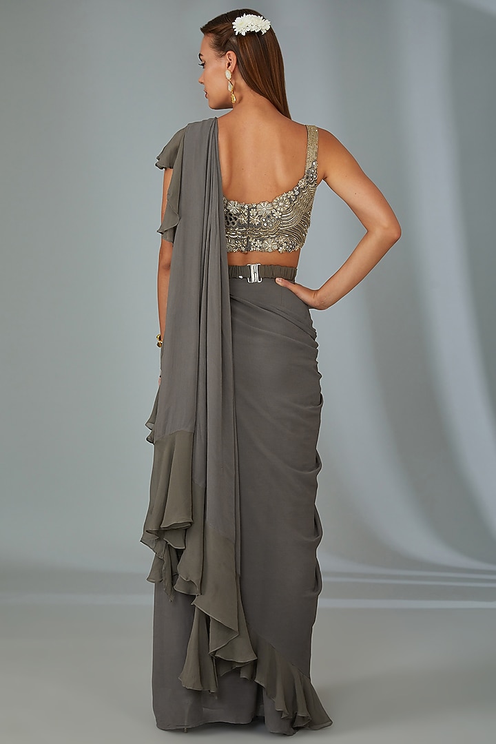 Grey Georgette Pre-Stitched Ruffle Party Wear Saree Set by Vyasa By Urvi at Pernia's Pop Up Shop