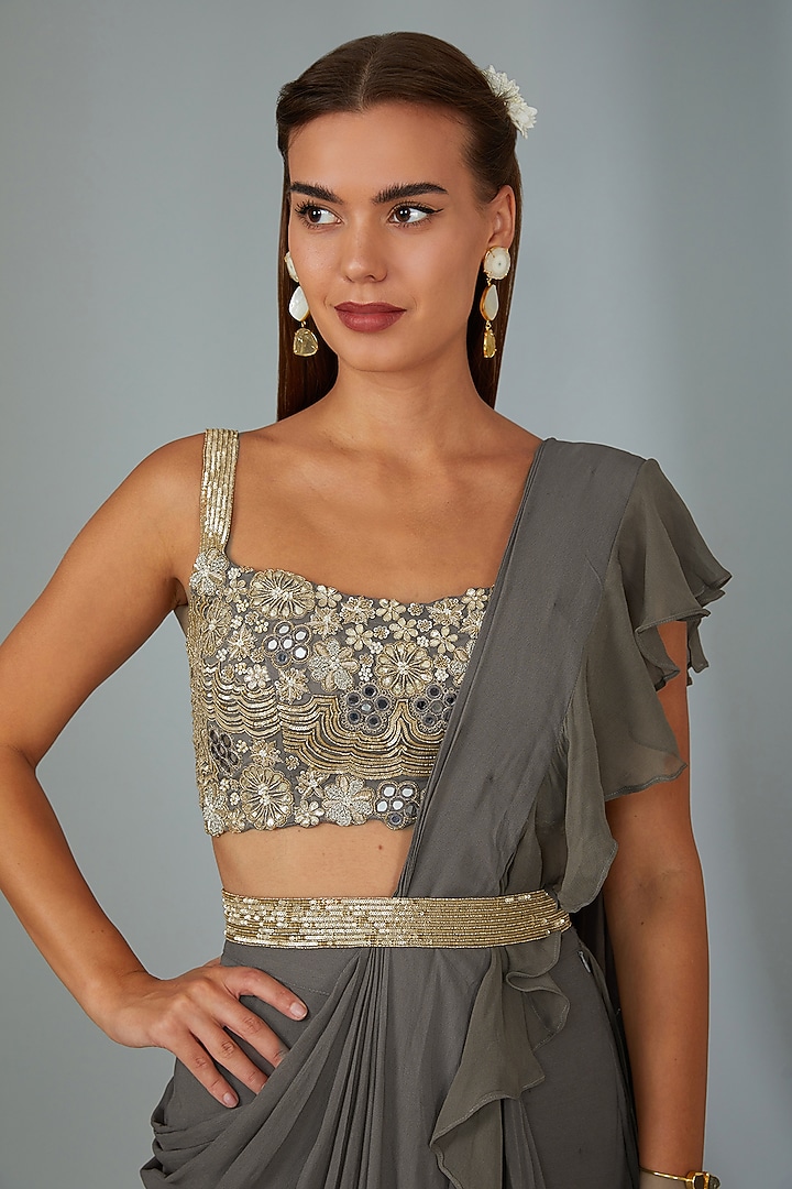 Grey Georgette Pre-Stitched Ruffle Party Wear Saree Set by Vyasa By Urvi at Pernia's Pop Up Shop