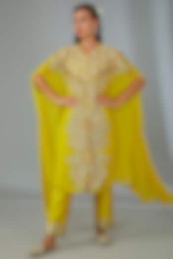 Yellow Georgette Thread Hand Embroidered Kaftan Set by Vyasa By Urvi