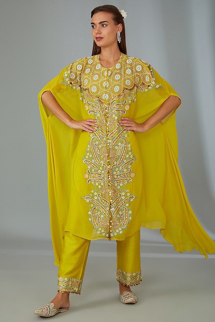 Yellow Georgette Thread Hand Embroidered Kaftan Set by Vyasa By Urvi