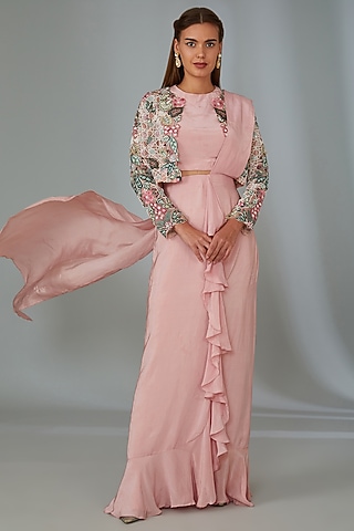 Baby Pink Crepe Thread Hand Embroidered Draped Jacket Saree Set by Vyasa By Urvi