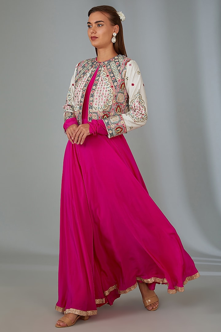 Hot Pink Crepe Gown With Jacket by Vyasa By Urvi