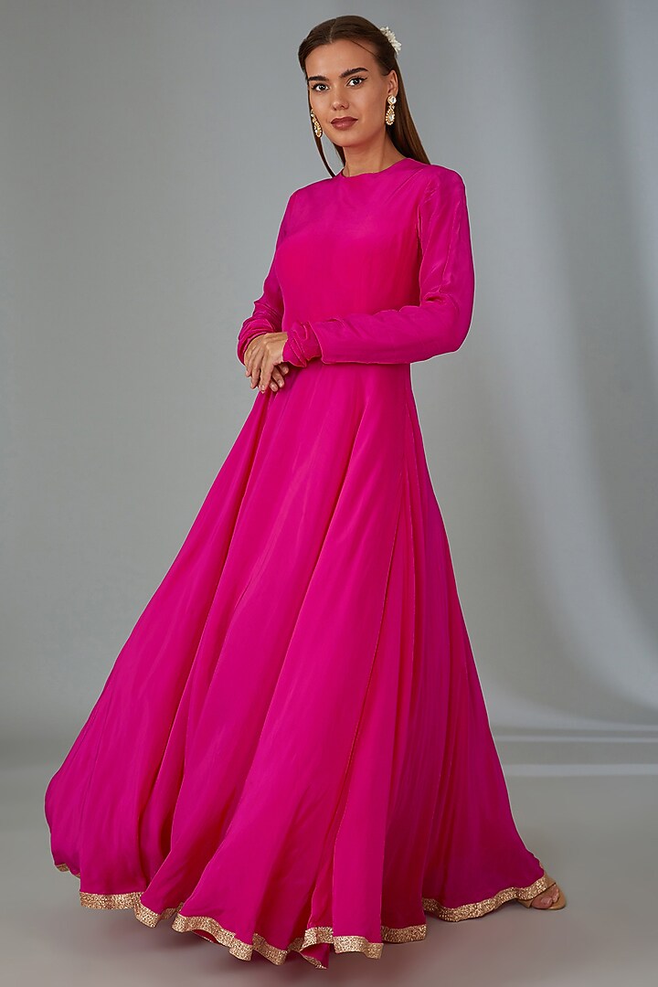 Hot Pink Crepe Party Wear Gown With Jacket by Vyasa By Urvi at Pernia's Pop Up Shop