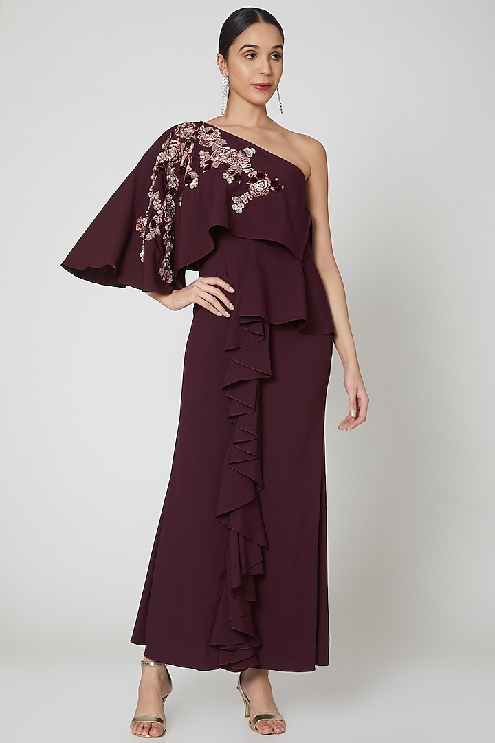 Wine Embroidered Maxi Dress by Vyasa By Urvi